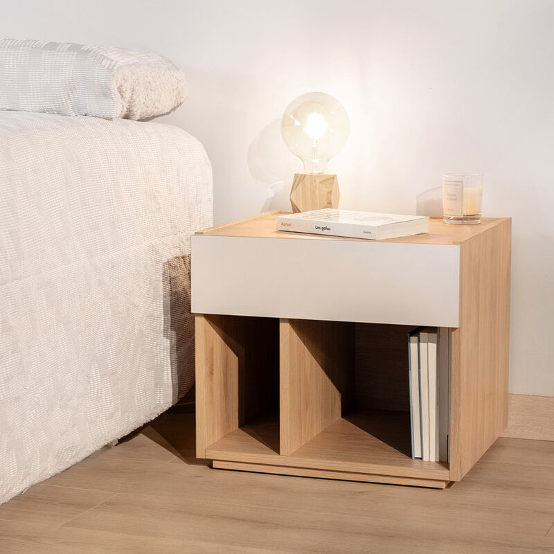 

Mesita de noche con 1 cajon y 2 estantes abiertos, mesa auxiliar para dormitorio o sala de estar, mesilla de madera, estilo nordico, moderno y
