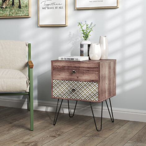 Mesita de Noche con 2 Cajones Patas de Acero Estilo Bohemio para Dormitorio Salón 45x39x55,5 cm Marrón