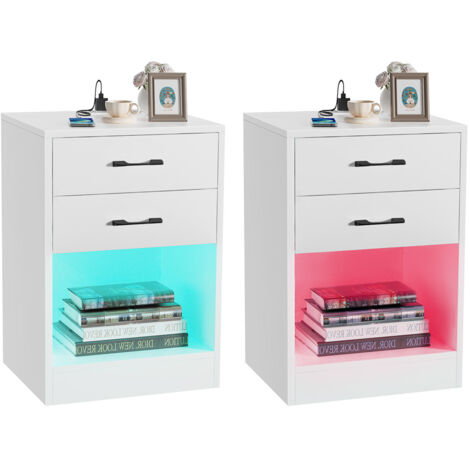 Mesita de noche con 2 LED, Juego de 2 mesita de noche con 2 cajones, 4 modos de luminosidad, mesita de noche para dormitorio, salón (blanco, 40 x 35 x 60 cm)