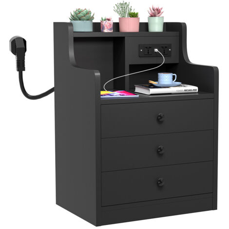 Mesita de noche, con 3 cajones, mesa de noche de madera, 2 enchufes AC, 2 puertos USB, moderno, negro, para sala de estar, dormitorio, oficina, 45 x 35 x 68 cm