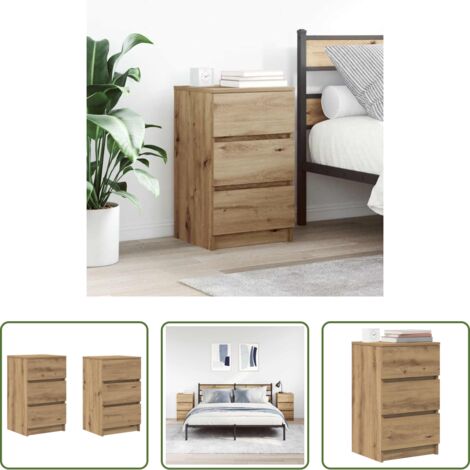Mesita de noche con 3 cajones -  Mesillas de noche con 3 cajones 2uds roble artesanal 39x35x65cm