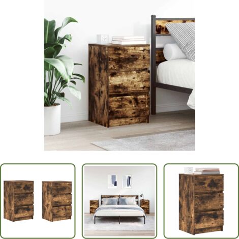 Mesita de noche con cajones -  Mesillas de noche con 3 cajones 2 uds roble ahumado 39x35x65 cm