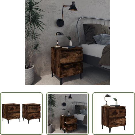 Mesita de noche con cajones -  Mesita de noche 2 uds patas de metal roble ahumado 40x35x50 cm