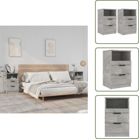 Mesita de noche con cajones - vidaXL Mesita de noche 2 uds madera contrachapada gris hormigón - Mesita de noche con compartimento