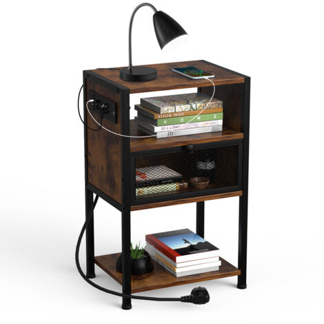 Mesita de Noche con Enchufes y Puertos USB, Mesa Auxiliar con 2 Cajones y 2 Estantes de Almacenamiento para Sala de Estar, Dormitorio, Oficina en Casa, 40X30X65cm