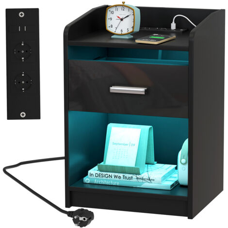 Mesita de Noche con Estación de Carga, 2 Tomas CA, 2 Puertos USB, Mesita de Noche con Tira de Luz LED Multicolor Variable, Moderno Mesita de Noche Dormitorio con Cajones Negro
