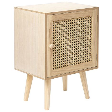 Mesita de noche con frente de ratán chapado de MDF estilo boho paulownia clara Almo