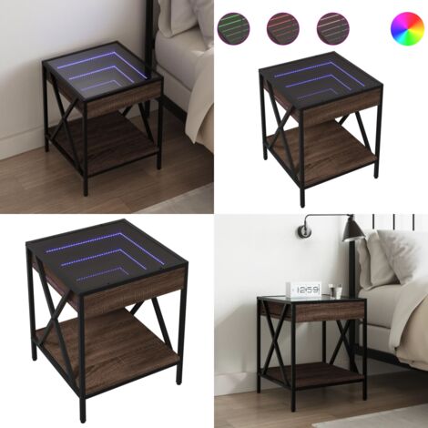 Mesita de noche con Infinity LED marrón roble 40x40x49 cm - Mesita de noche con luz LED - Mesita de noche con espejo LED
