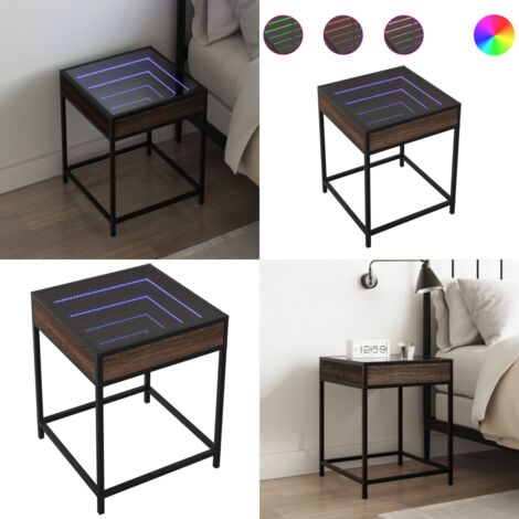 Mesita de noche con Infinity LED marrón roble 40x40x51 cm - Mesita de noche con luz LED - Mesita de noche con espejo LED