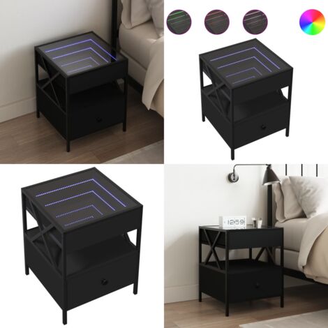 Mesita de noche con Infinity LED negra 40x40x51 cm - Mesita de noche con luz LED - Mesita de noche con espejo infinito