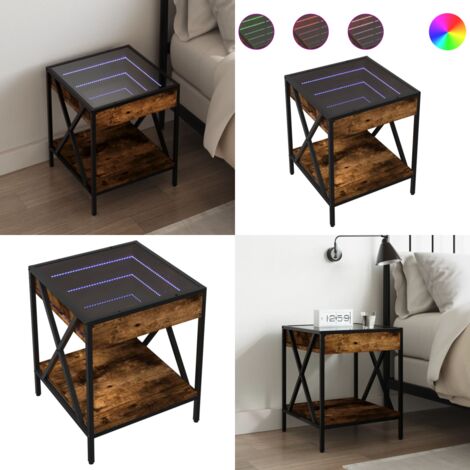 Mesita de noche con Infinity LED roble ahumado 40x40x49 cm - Mesita de noche con luz LED - Mesita de noche con espejo infinito
