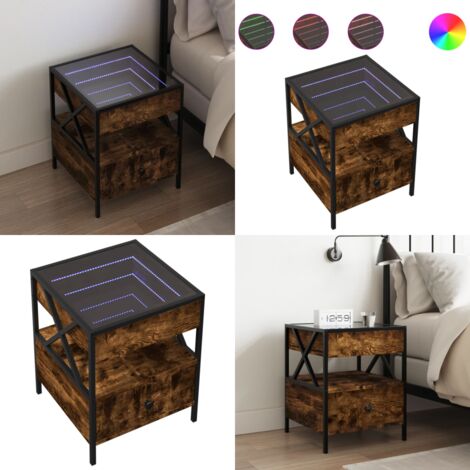 Mesita de noche con Infinity LED roble ahumado 40x40x51 cm - Mesita de noche con luz LED - Mesita de noche con espejo infinito