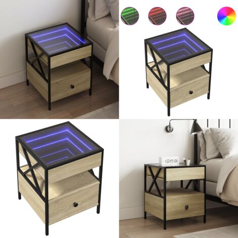 Mesita de noche con Infinity LED roble Sonoma 40x40x51 cm - Mesita de noche con luz LED - Mesita de noche con espejo infinito