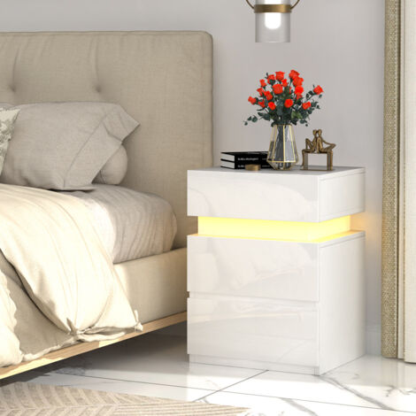 Mesita de noche con luz LED, color blanco brillante con 3 cajones, LED ajustable en 16 colores, mesita auxiliar para dormitorio, salón, moderna, 35 x 40 x 56 cm, color blanco