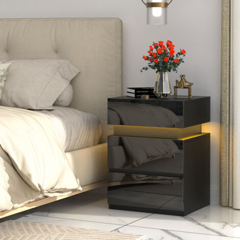 Mesita de Noche con Tira de Luz LED Multicolor Variable, Estilo Moderno Mesita de Noche LED Ajustable de 16 Colores, Mesita de Noche Dormitorio con 3 Cajones, Negro Mesa Auxiliar 40x35x55cm