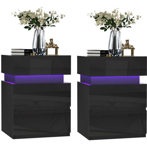 Mesita de Noche con Tira de Luz LED, Set de 2, Estilo Moderno Mesita de Noche LED Ajustable de 16 Colores, Mesita de Noche Dormitorio con 3 Cajones, Negro Mesa Auxiliar 40x35x55cm