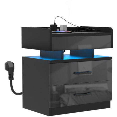Mesita de Noche de Alto Brillo con Enchufe Dormitorio Mesitas de Noche con Tira de luz led Negro Mesa Auxiliar con 2 Cajones para Sala de Estar