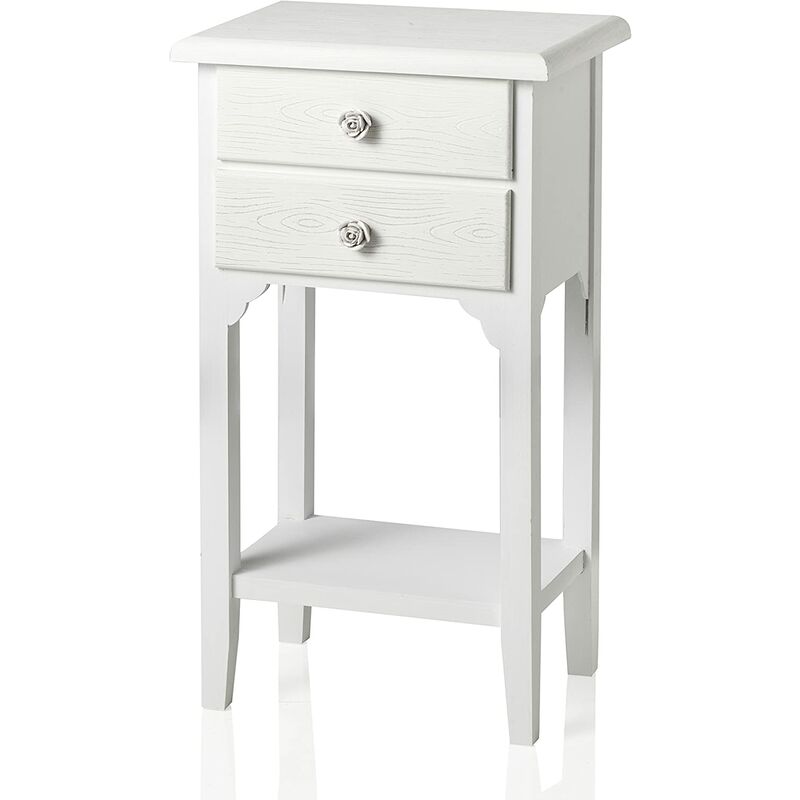 

Mesa de noche blanca chic blanca con dos cajones y un estante. Mesa de noche de madera Hermosa MDF decorada con perillas de rosa de resina.