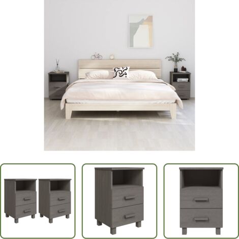 Mesita de noche de madera -  Mesitas noche 2 uds HAMAR pino macizo gris claro 40x35x62 cm