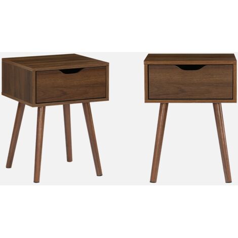 Mesita de noche de madera teñida nogal, 1 cajón, set de 2