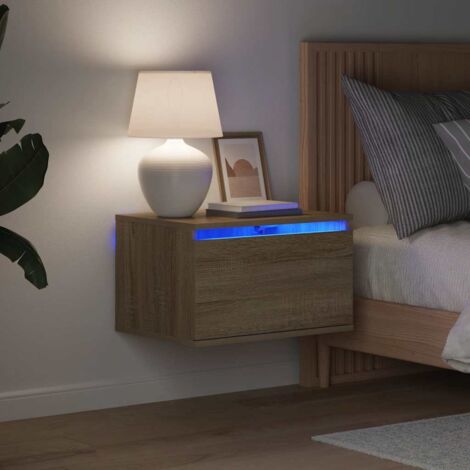 Mesita de noche de pared con luces LED roble