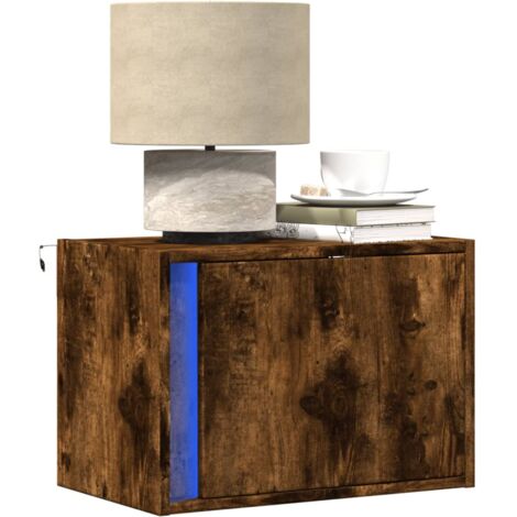 Mesita de noche de pared con luces LED roble ahumado