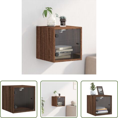 Mesita de noche de pared -  Mesita de noche con puerta de vidrio roble marrón 35x37x35 cm