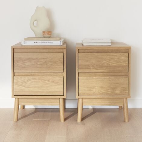 Mesita de noche efecto madera con 2 cajones, set de 2, Dune, Natural, 40x40x56 cm