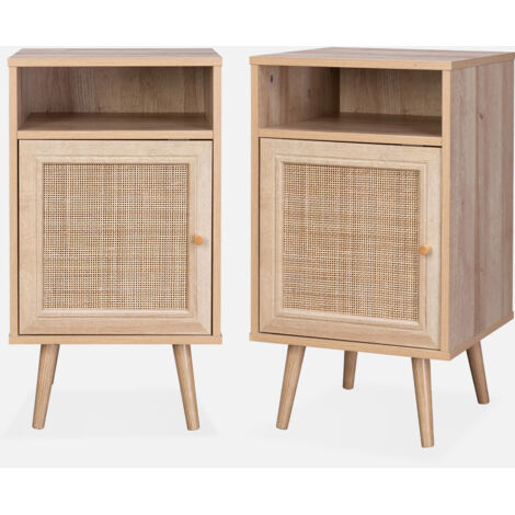Mesita de noche escandinava con efecto madera y caña, set de 2