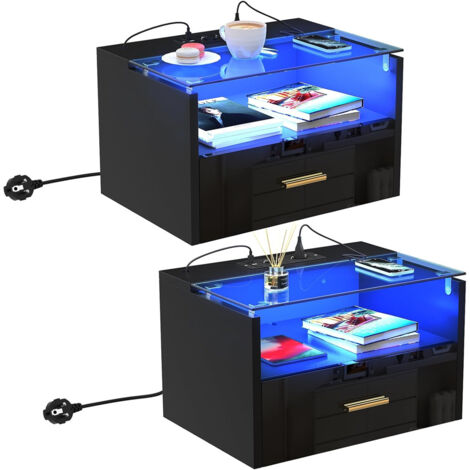 Mesita de Noche Flotante, Juego de 2, Mesillas Dormitorio con Enchufe y Tiras de luz, 2 Tomas CA, 2 Puertos USB, Mesa de Noche con Cajón para Dormitorio Salón 42x30x24.5 cm