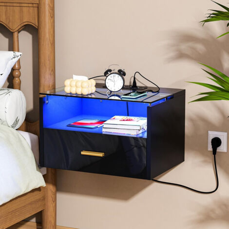 Mesita de Noche Flotante,, Mesillas Dormitorio con Enchufe y Tiras de luz, 2 Tomas CA, 2 Puertos USB, Mesa de Noche con Cajón para Dormitorio Salón 42x30x24.5 cm