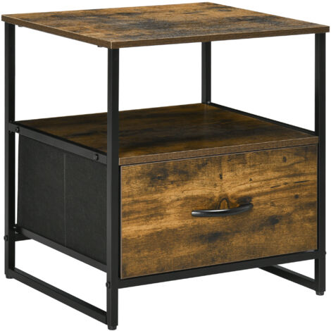 Mesita de noche industrial mesa auxiliar con 1 cajón de tela plegable y estante abierto antivuelco 45x40x50,5 cm marrón rústico