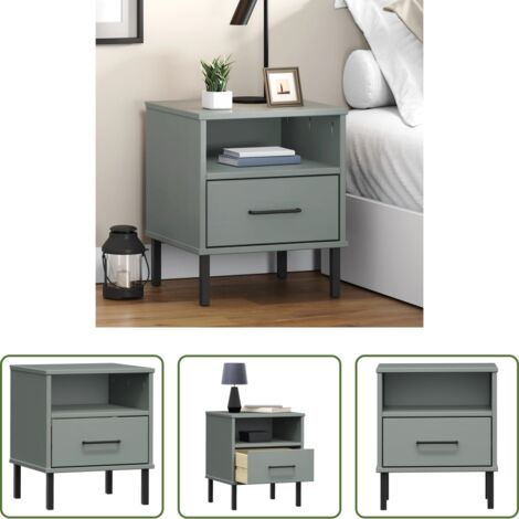Mesita de noche industrial -  Mesita de noche patas de metal madera maciza pino gris OSLO