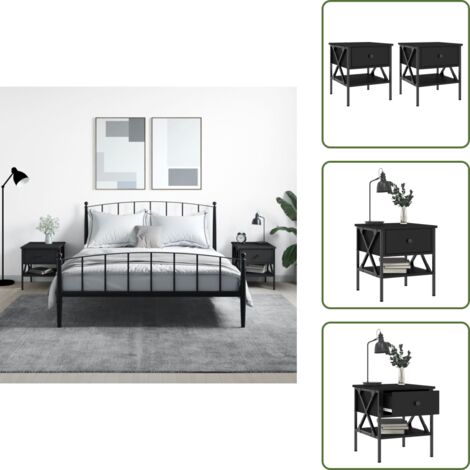 Mesita de noche industrial - vidaXL Mesitas de noche 2 uds madera de ingeniería negro 40x42x45 cm - Mesita de noche con patas regulables