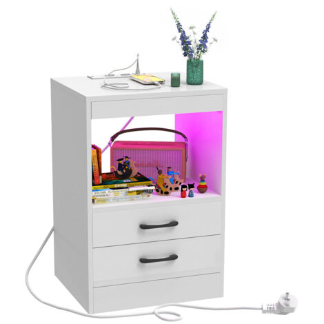 Mesita de Noche Led, 16 Colores, Mesitas de Noche Blancas Brillo, Mueble de Almacenamiento, Compartimento Abierto, Mesa de Noche, 3 cajones, para salón, Dormitorio, 40x35x60 cm