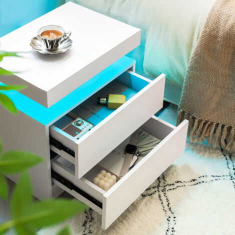 Mesita de noche LED multicol regulable amplio espacio de almacenamiento madera manufacturada blanco