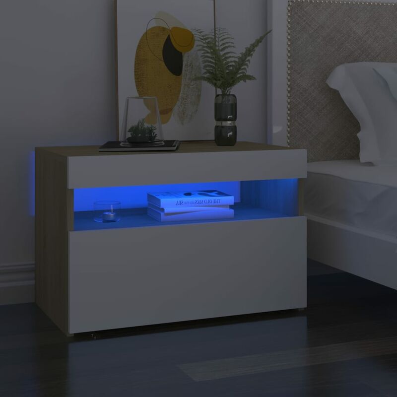 

Mesita de noche luces LED 2 uds blanco roble Sonoma 60x35x40 cm