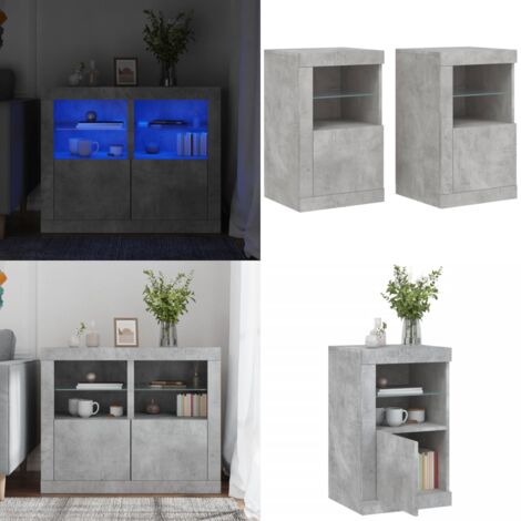 Mesita de noche luces LED 2 uds madera ingeniería gris hormigón - Luz led - Armario auxiliar