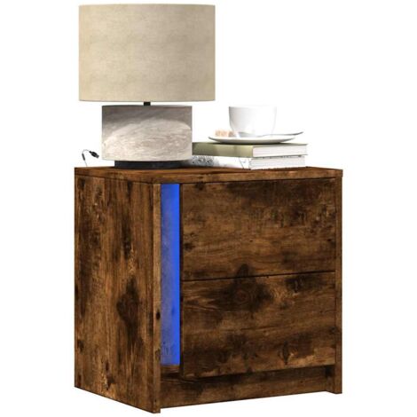 Mesita de noche luces LED 2 uds madera ingeniería roble ahumado