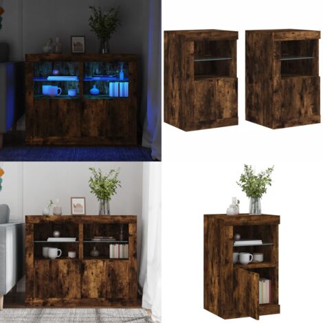 Mesita de noche luces LED 2 uds madera ingeniería roble ahumado - Luz led - Armario auxiliar