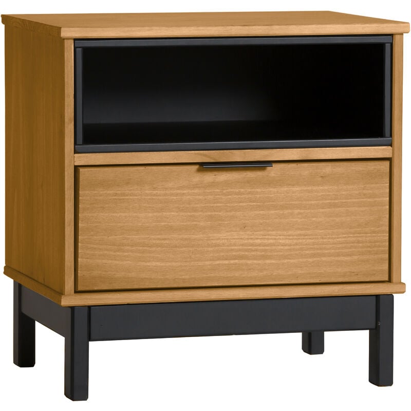 

Mesita de Noche SOL de 1 cajón y 1 Hueco Color Madera/Negro. Madera Maciza. guías metálicas