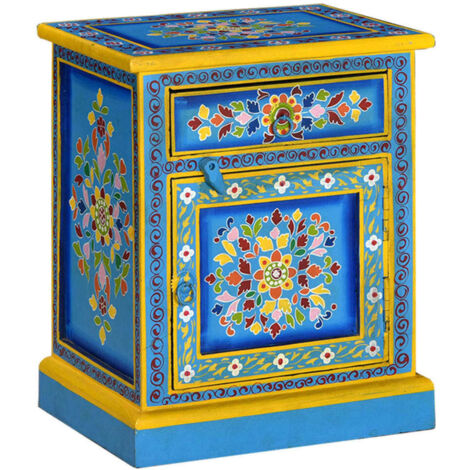 Mesita de noche madera maciza de mango turquesa pintada a mano