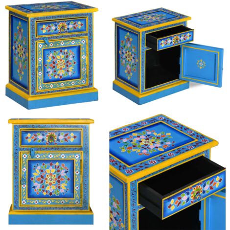 Mesita de noche madera maciza de mango turquesa pintada a mano - Mesita de noche de madera - Mesita de noche de mango