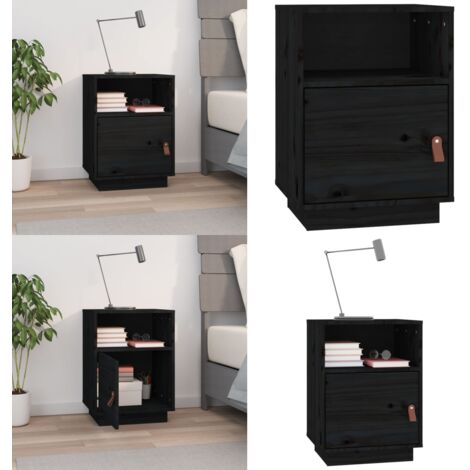Mesita de noche madera maciza de pino negro 40x34x55 cm - Madera de pino - Mesita de noche de madera