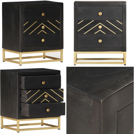 Mesita de noche madera maciza mango negro y dorado 40x30x50cm - Mesita de noche de madera - Mesita de noche mango