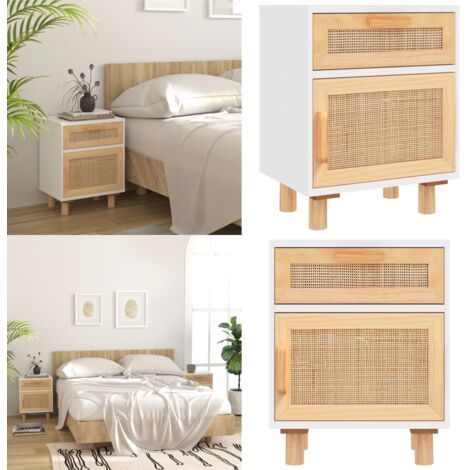 Mesita de noche madera maciza pino blanca y ratán natural - Madera contrachapada - Ratán natural