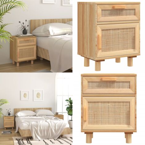 Mesita de noche madera maciza pino marrón y ratán natural - Madera maciza - Ratán natural
