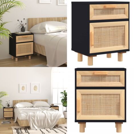 Mesita de noche madera maciza pino negra y ratán natural - Mesita de noche de madera - Mesita de noche escandinava