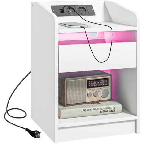 Mesita de noche mesilla de noche con luces LED mesa de noche con cajón estante estación de carga puertos USB y control remoto 40x40x58 cm blanco