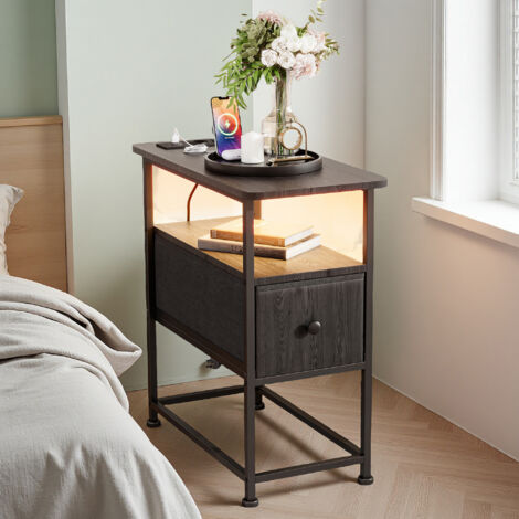 Mesita de noche - Mesita de cabecera 60 x 30 x 62 cm - Con USB y LED - 1 cajón - Industrial - Mueble de dormitorio - MDF y metal - Negro
